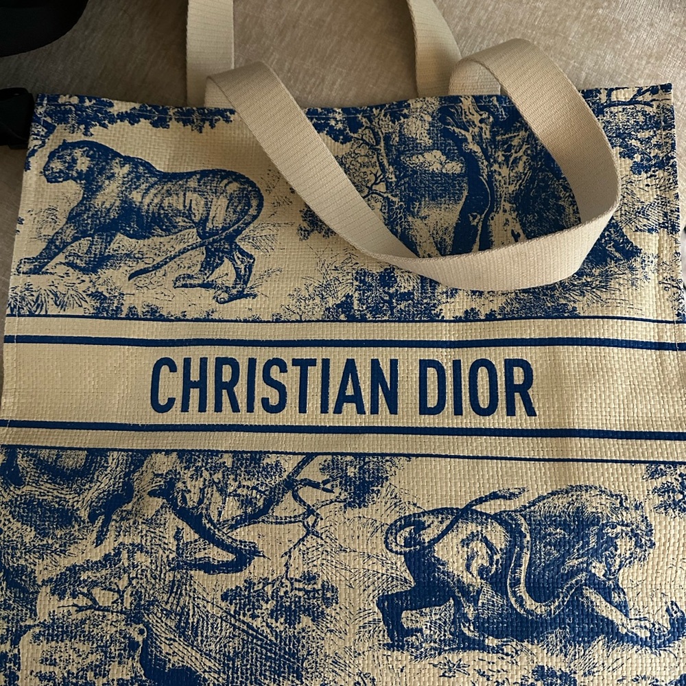 Christian Dior Straw Blue and Cream Tote Bag